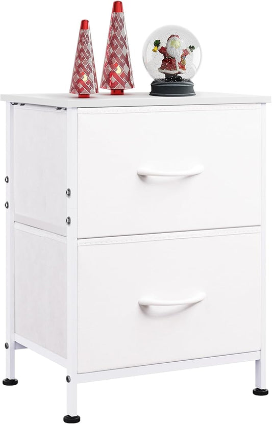 WLIVE White Night Stand, Small Dresser with 2 Drawers & Wooden Top, Nightstand with Fabric Bins, Bedside Table End Table for Bedroom, Closet, Entryway, College Dorm, White