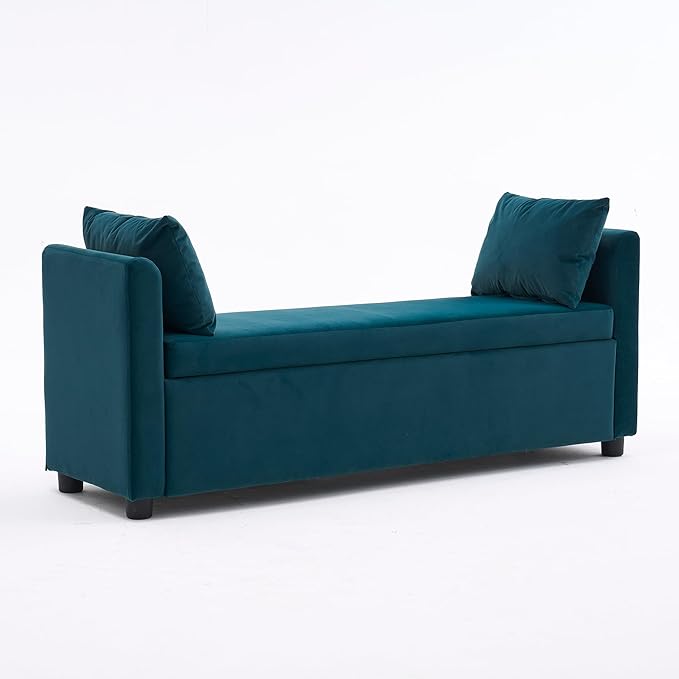 Velvet Storage Bench for Bedroom, 55" End of Bed Bench for King Size Bed, Modern Upholstered Long Ottoman Bench with Arms and 2 Pillows for Living Room/Entryway (Teal/Blue-Green)