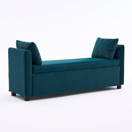 Velvet Storage Bench for Bedroom, 55" End of Bed Bench for King Size Bed, Modern Upholstered Long Ottoman Bench with Arms and 2 Pillows for Living Room/Entryway (Teal/Blue-Green)