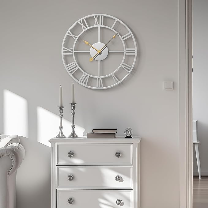 Cuspin 16 inch Wall Clock, Modern Decorative Clock Battery-Operated Silent Non Ticking, Silver Metal Round Clock Roman Numeral Analog for Living Room, Kitchen, Bedroom, Office, Home Decor
