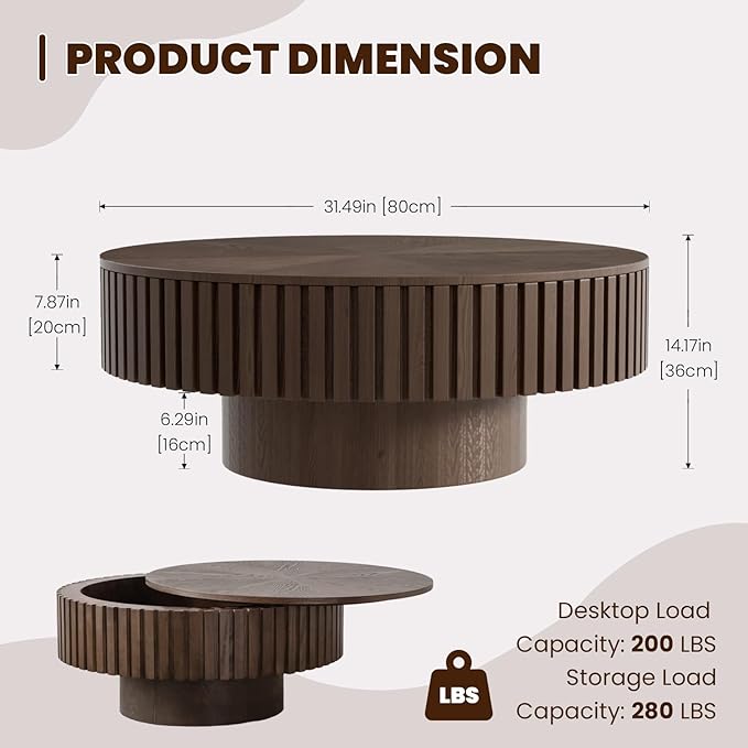 Round Drum Coffee Table with Storage for Living Room, Mid Century Modern Coffee Table with Sturdy Pedestal, Farmhouse Fluted Circle Center Table Accent Tea Table (31.5" Brown with Storage)