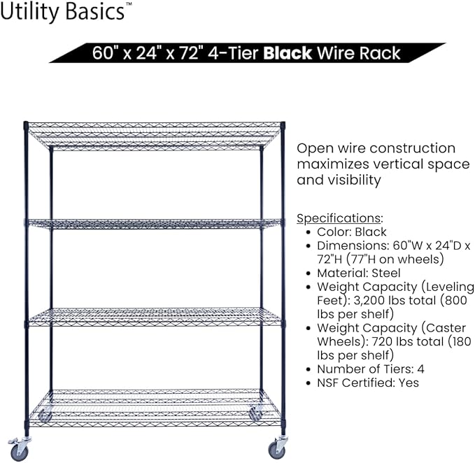 NSF Commercial 4-Tier Wire Shelving with Wheels, 60"x24"x72" Heavy Duty Metal Shelves 3200 lbs Max Capacity, Black Storage Rack for Garage Kitchen Pantry Warehouse