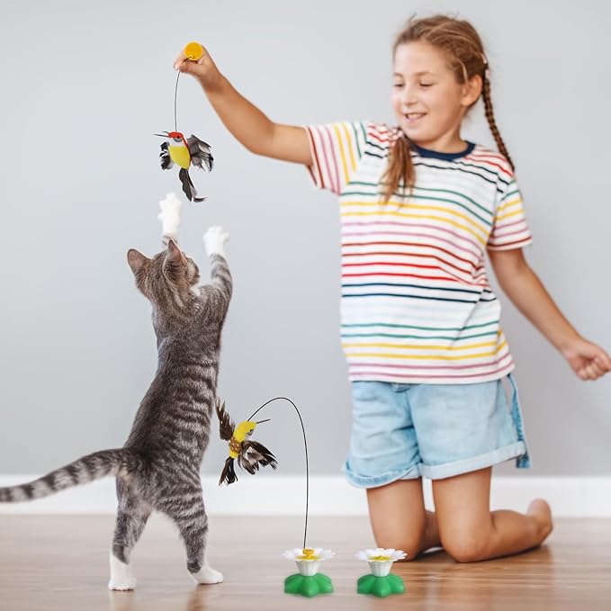 Vinsot 3 Pcs Electric Teasing Cat Toy Flying Interactive Cat Toy Automatic 360° Rotating Kitten Play Chase Supplies with 6 Pcs Replacement Head with Wire(Hummingbird)