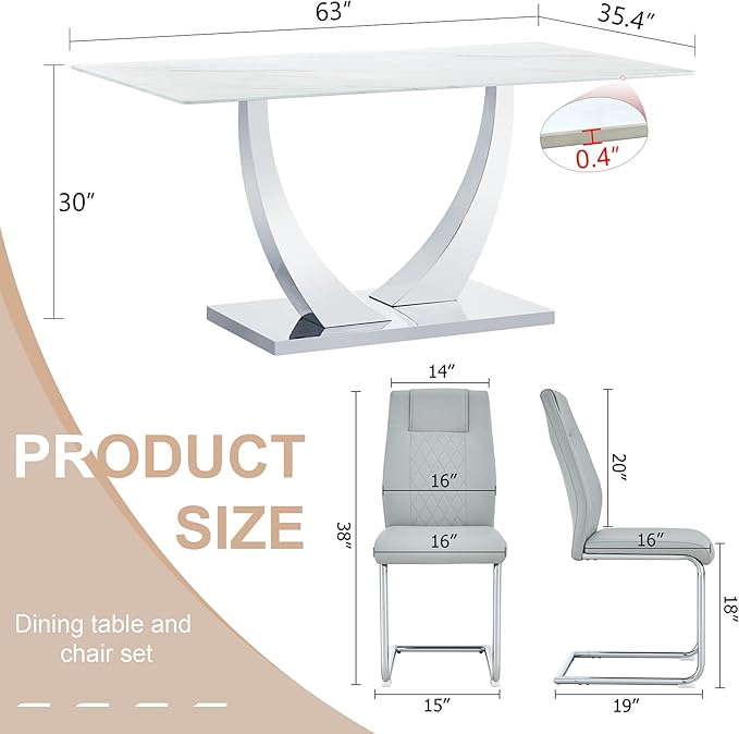 63" Modern Dining Table Set for 4, White Dining Room Set for 4, Tempered Glass Kitchen Table and PU Leather Chairs, Marble Pattern Top with Sturdy Silver Chrome Base