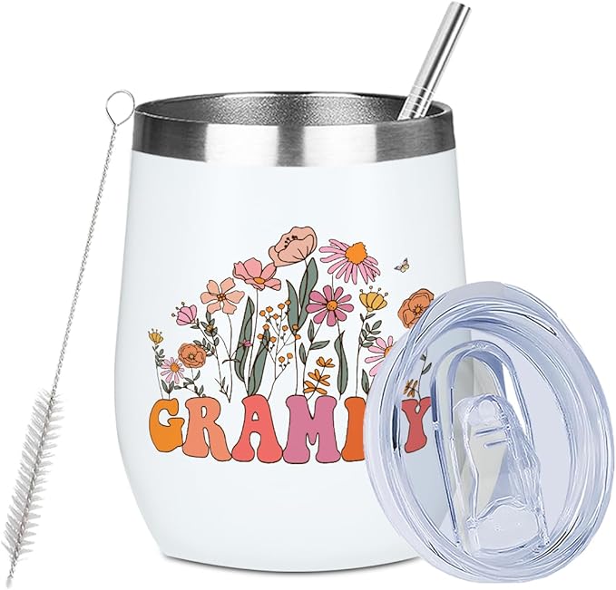 Grammy Grandma Birthday Gifts Wine Tumbler 12 oz Insulated Wine Glass Cup with Lid Straw Vacuum Insulated Travel Cup, Grandma Gifts from Granddaughter for Women Grandmother Christmas Mothers Day