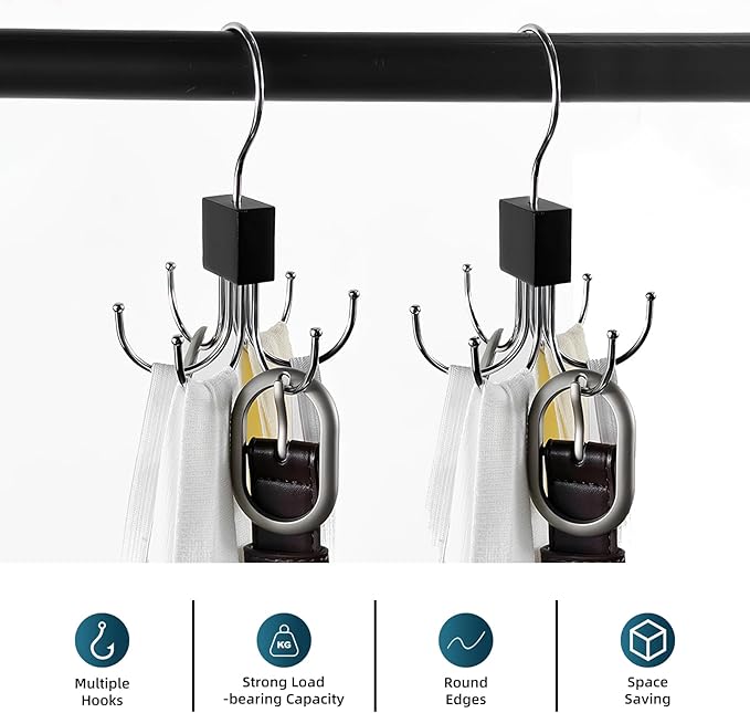 Multi-Purpose Rotatable Belt Hanger & Organizer for Closet - Space-Saving Storage for Belts, Bras, Hats, Tank Tops, Ties, Scarves, and Purses