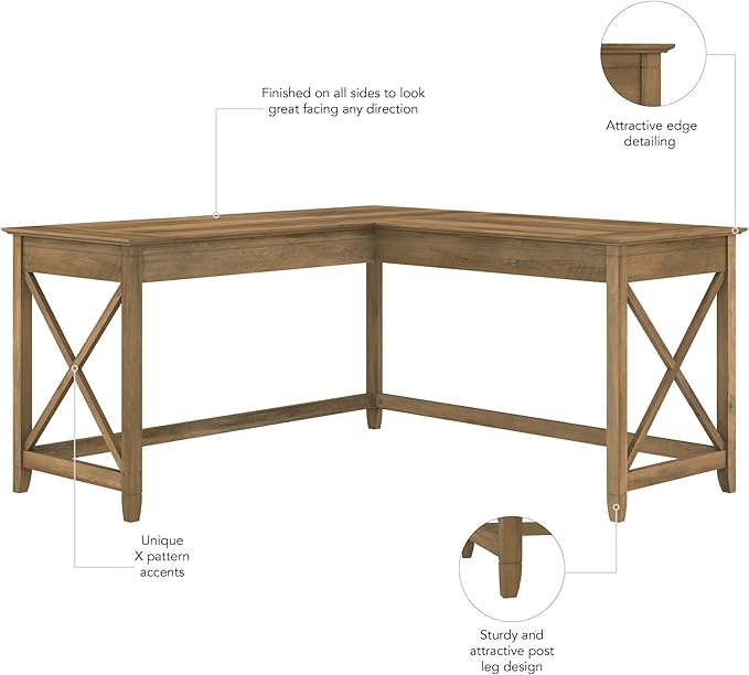 Bush Furniture Key West 60W Modern Farmhouse L Shaped Desk in Reclaimed Pine, 60-Inch Corner Computer Table for Home Office Workspace
