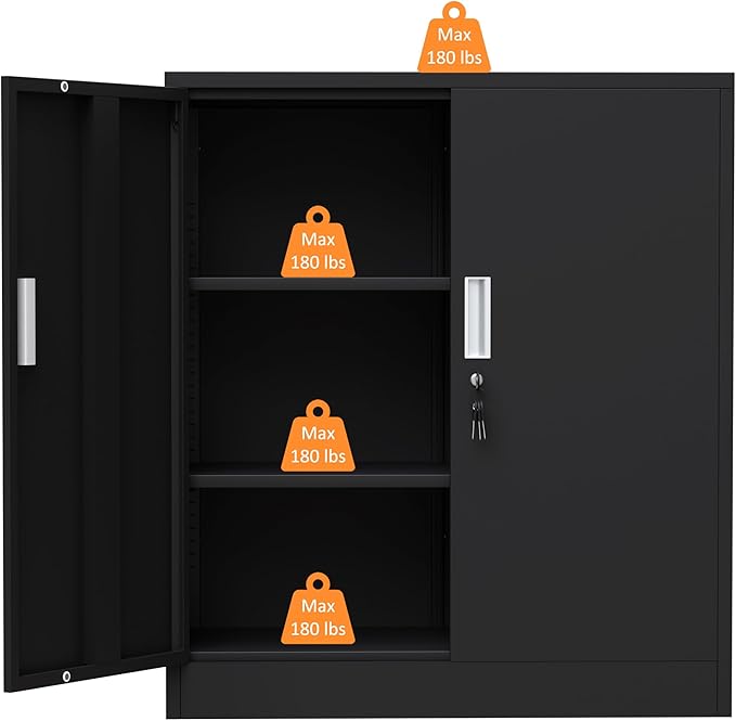 Metal Storage Cabinet with Locking Doors and 2 Adjustable Shelves, Small Lockable Steel Storage Cabinets for Home Office Garage Kitchen Pantry (Black)