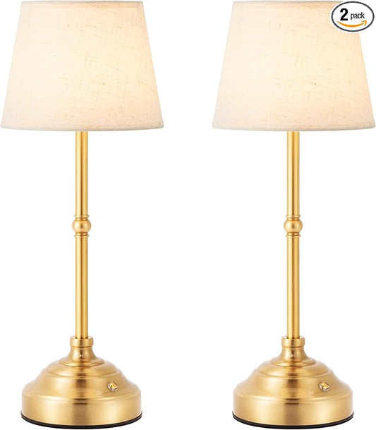2 Pack Cordless Table Lamp, Rechargeable Desk Lamp with Fabric Shade, Battery Operated Lamp 3 Color Stepless Dimming, Small Touch Bedside Lamp Home Decor for Dining, Counter (Brushed Gold)