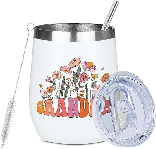 Grandma Gifts Wine Tumbler 12 oz Insulated Wine Glass Cup with Lid Straw Vacuum Travel Cup,Grandma Birthday Gifts Mothers Day Retirement Thank You Gift for Women Friend Mothers Day Christmas