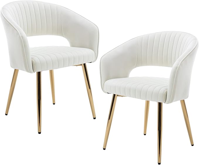 Beige Velvet Dining Chairs Set of 2, Upholstered Gold Dining Chairs with Tufted Back, Modern Dining Room Chairs with Gold Legs, Accent Arm Chairs Kitchen Chairs for Dining Room Reception