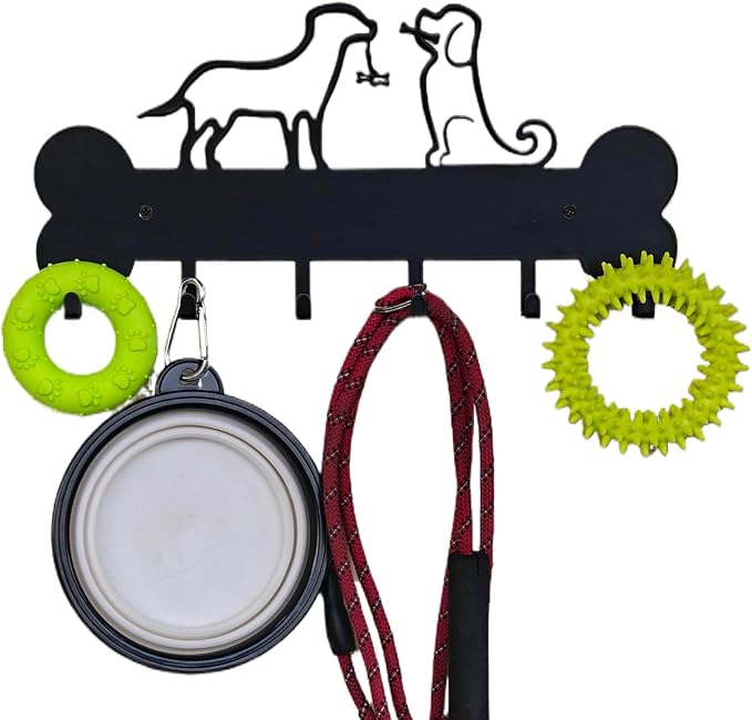 Dog Leash Holder Wall Mount, Dog Supply Organizer with 6 Hooks, Metal Key Hooks for Wall， Wall Storage for Hanging Leash, Vest, Harness, Keys