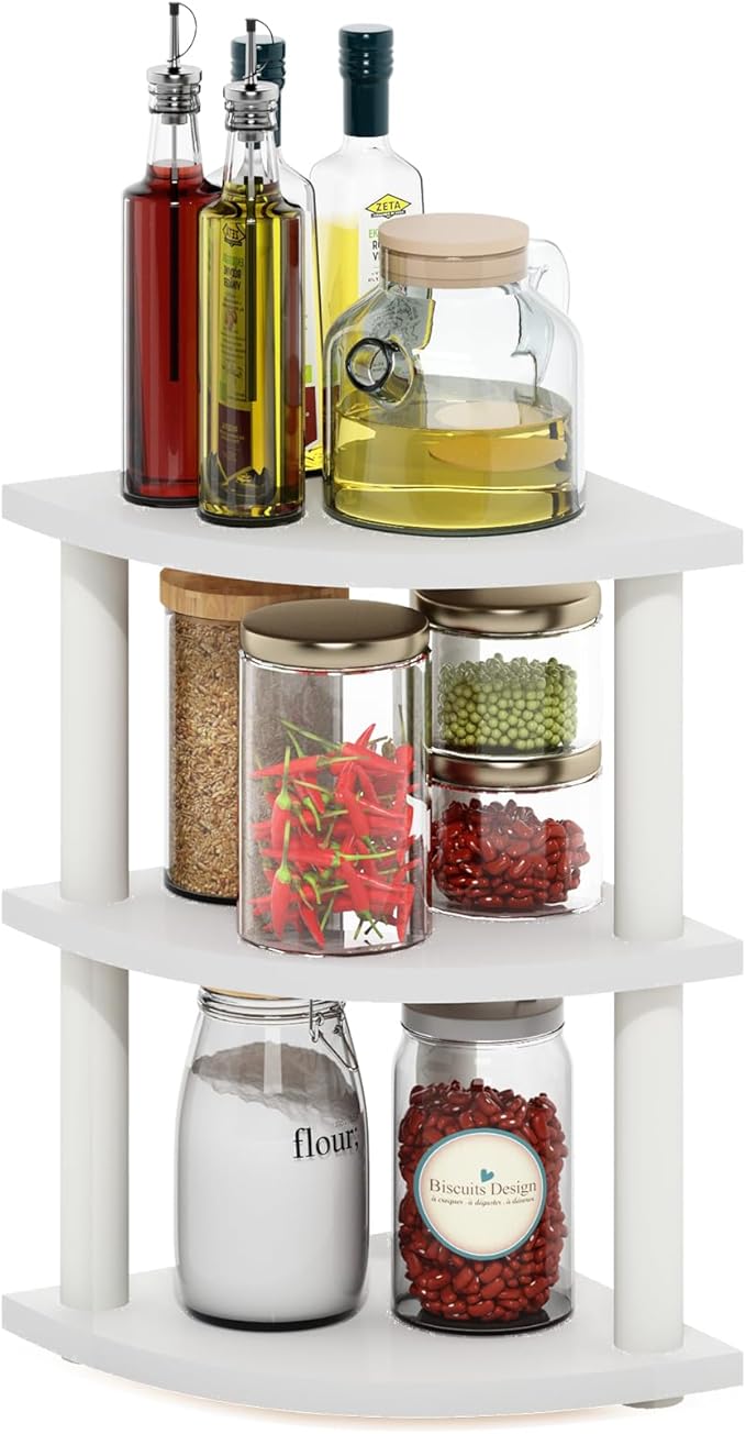 Furinno Turn-N-Tube Kitchen Countertop Organizer, 3-Tier Corner Countertop Organizer Shelf, Corner Shelf, for Kitchen, Pantry, Organizers and Storage, White