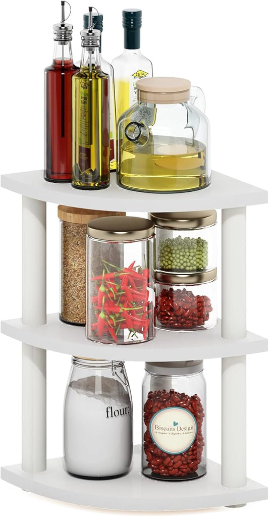 Furinno Turn-N-Tube Kitchen Countertop Organizer, 3-Tier Corner Countertop Organizer Shelf, Corner Shelf, for Kitchen, Pantry, Organizers and Storage, White