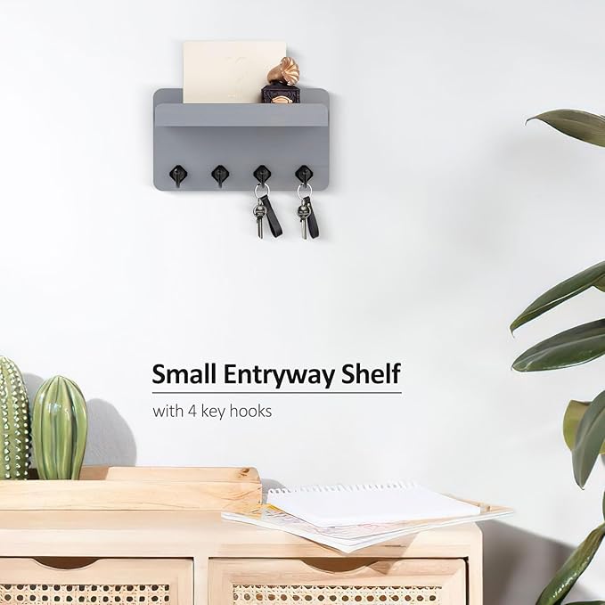 Nekon Key Holder Wall Mount, 8.5 Inch Small Home Decor Wooden Wall Organizer with 4 Hooks and Shelf, Key and Mail Holder for Living Room Entryway Kitchen (Gray)