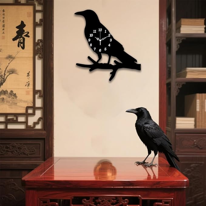 CHGCRAFT Crow Standing Branch Pattern Wall Clock 13.9 Inch Wood Grain Non-Ticking Irregular Shape Clocks Wall Hanging Clock Battery Operated for Bedroom Living Room Kitchen Office