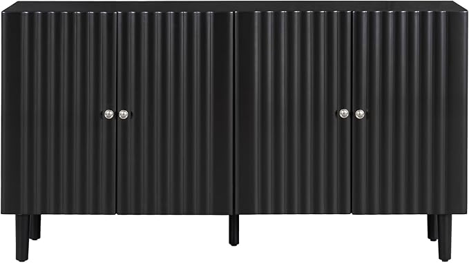 Modern Elegant Sideboard with 4 Wavy Pattern Doors and Cylindrical Legs, 58'' Storage Cabinets with Adjustable Shelves, Accent Entryway Cabinet for Living Room Hallway Kitchen (Black-4UV)