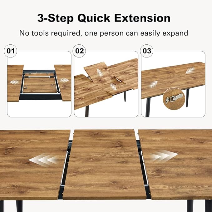59"-75" Wood Extendable Dining Table for 6–8, Farmhouse Rectangular Dining Room Table with Black Metal Legs, Rustic Wood Grain MDF Top, Modern Space-Saving Dinner Table for Kitchen or Apartment