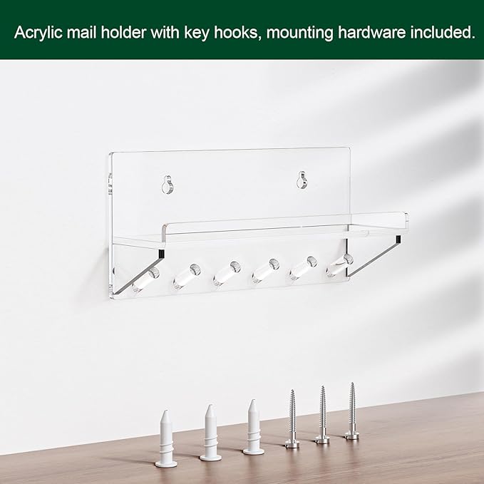 Decorative Wall Key Holder - Acrylic Mounted Key Hooks with Shelf, Entryway Rack, Mail Organizer, Living Room Decor (Clear)