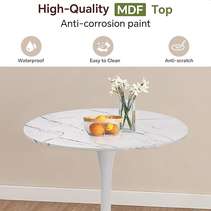 Small Space 27.5 Inch White Faux Marble Round Tulip Dining Table - Mid Century Pedestal Base Kitchen Table for 2-4 People - Easy Assembly & Easy to Clean