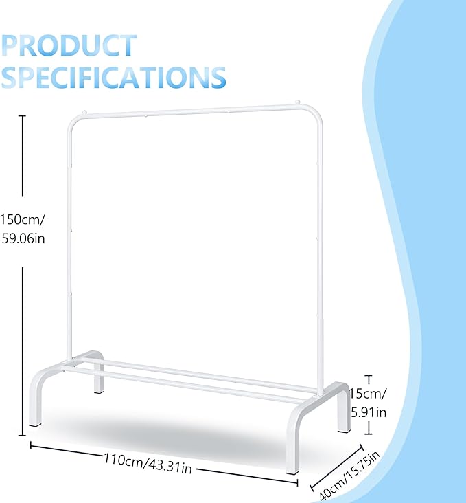 JIUYOTREE Metal Clothing Rack, 43.3 Inches Clothes Garment Coat Rack with Bottom Shelf for Hanging Skirts, Shirts, Sweaters, White