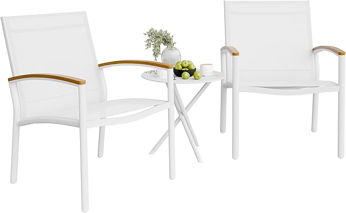 Shintenchi 3 Pieces Patio Bistro Sets, Outdoor Textilene Fabric Conversation Bistro Set, Textilene Fabric Front Porch Chairs Small Patio Furniture Set with Table for Lawn,Garden,Balcony (White)