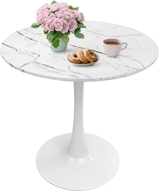Small Space 27.5 Inch White Faux Marble Round Tulip Dining Table - Mid Century Pedestal Base Kitchen Table for 2-4 People - Easy Assembly & Easy to Clean