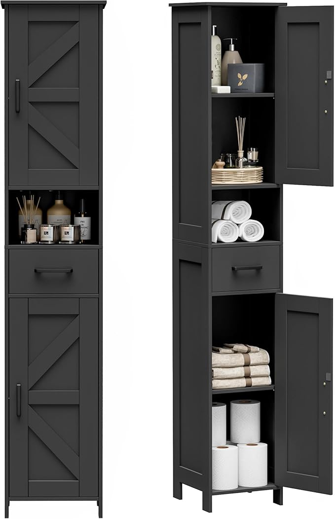Homhedy 67" H Tall Bathroom Storage Cabinet with 2 Barn Doors and 1 Drawer, Narrow Storage Unit, Adjustable Shelves, Floor Cabinet for Bathroom, Living Room, Entryway, Kitchen, Black, (11.8" W)
