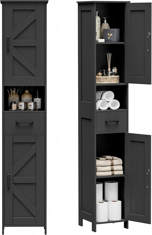 Homhedy 67" H Tall Bathroom Storage Cabinet with 2 Barn Doors and 1 Drawer, Narrow Storage Unit, Adjustable Shelves, Floor Cabinet for Bathroom, Living Room, Entryway, Kitchen, Black, (11.8" W)