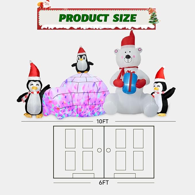 Christmas Inflatable Decoration, Sida-Earcy 10FT Polar Bear Snowball Igloo Lighted Blow Up Christmas Decorations Outdoor with Colorful Rotating LED Lights for Christmas Yard, Garden, Lawn
