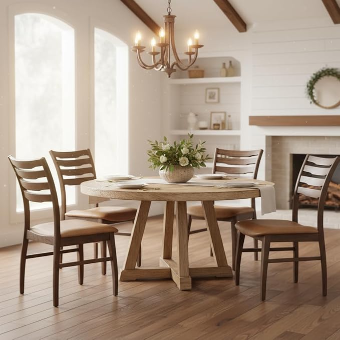 DUOMAY Farmhouse Dining Chairs Set of 2, PU Brown Upholstered Side Chairs Solid Wood Ladder Back Kitchen Chairs for Home Dining Room, Walnut Frame