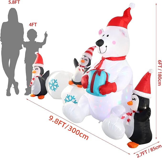 Inflatable Christmas Decorations, SHDEJTG 10FT Snowman Polar Bear Snowball Blow Up Christmas Decorations Outdoor with Colorful Rotating LED Lights, Giant Inflation for Xmas Indoor Lawn Garden