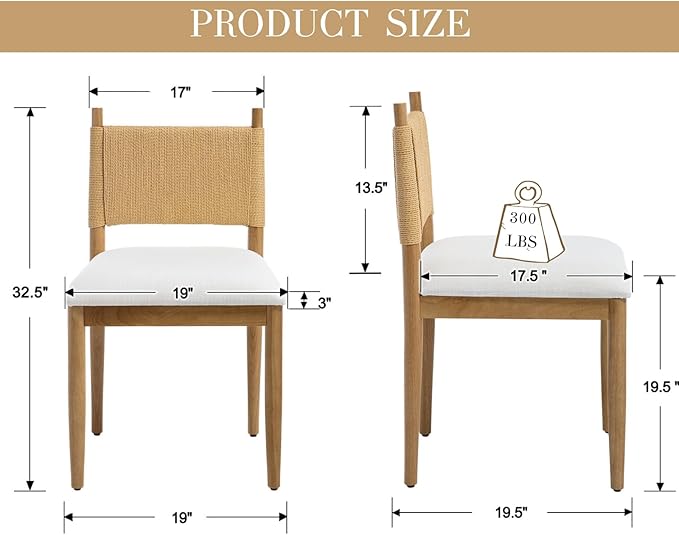 CIMOTA Modern Dining Chairs Set of 4, Mid Century Upholstered Dining Room Chairs with Woven Back, Armless Kitchen Chairs with Natural Solid Wood Legs, Linen Beige