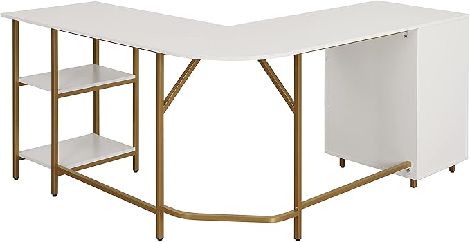 Techni Mobili L Shaped Desk - Two-Toned Computer Desk with Drawers & Storage Shelves - Simple Modern Furniture & Home Office Space Corner Table for Work & Writing