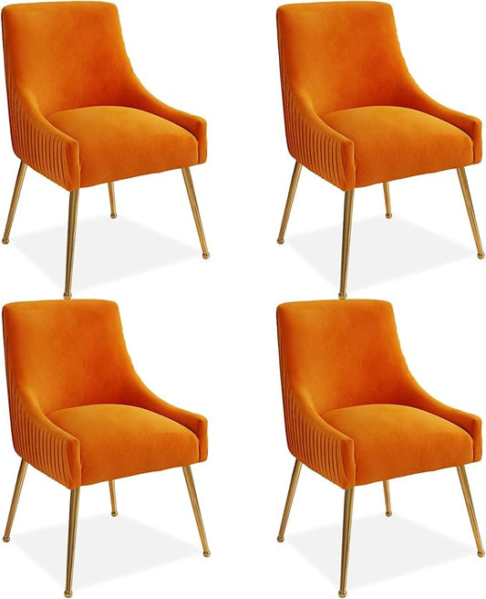 Dining Chairs, Accent Chairs Set of 4, Modern Upholstered Kitchen Dining Room Chairs with Gold Legs, Fabric Tufted Velvet Living Room Chairs for Reception Room Bedroom Guest Room (Orange)