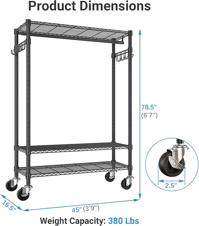 VIPEK R3 Plus Rolling Clothes Rack with Locking Wheels, Portable Closet for Hanging Clothes Heavy Duty Garment Rack with Adjustable Shelves and Side Hooks, Metal Wardrobe for Home Storage, Black