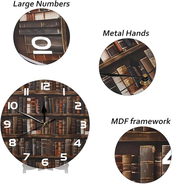 Retro Bookshelf Books Wallpaper Wall Clock Battery Operated 10 in Round Wall Clocks Slilent Non Ticking Quartz Analog Clock for Bedroom Kids Living Room Classroom Decor