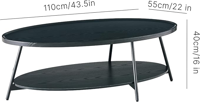 AGV Oval Coffee Table with Shelf Storage, 2-Tier Black Wood Finish Center Table for Living Room, Modern Asymmetrical Metal Legs, Raised Edge Sofa Table