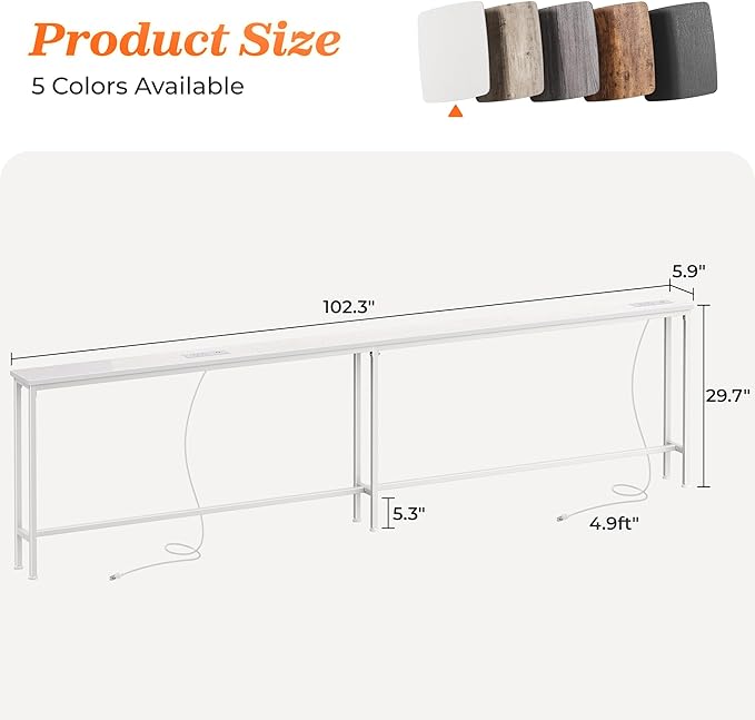 SUPERJARE Sofa Table with 2 Power Outlets and USB-C Ports, 5.9 Inch Narrow Console Table with Storage, Extra-Long, for Entryway Hallway Couch Behind Sofa, Small Spaces, White,102.3 Inch