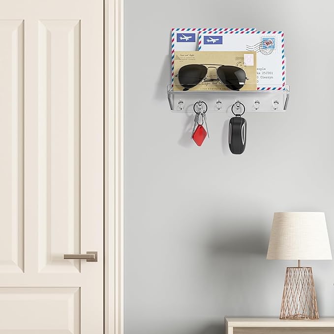 Decorative Wall Key Holder - Acrylic Mounted Key Hooks with Shelf, Entryway Rack, Mail Organizer, Living Room Decor (Clear)