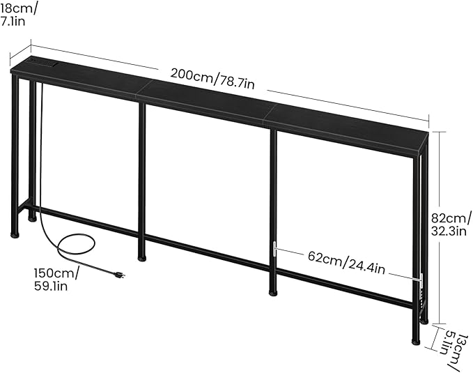 78.7" Narrow Console Table with Power Outlet 7.1" Skinny Sofa Long Behind Couch Table with Charging Station for Hallway, Living Room Black TXG20UBB