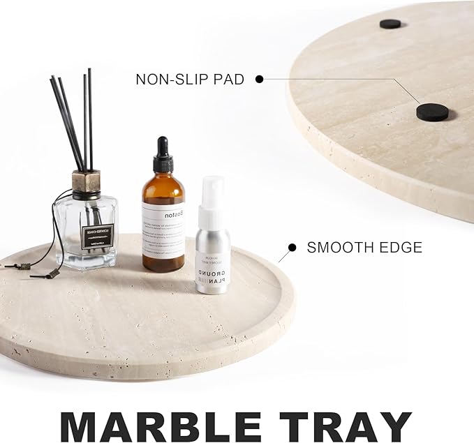 Travertine Tray, 11.8"x0.8" Round Serving Tray for Kitchen and Coffee Table, Bathroom Trays for Counter, Decorative Vanity Trays, Catchall Fruit and Snack, Light Beige Ottoman Tray