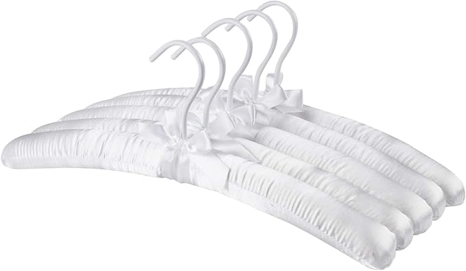 Pure White Satin Padded Sweater Hangers 5 Pack, Blouse Hanger with Thick & Soft Foam for Bridal Wedding Dress Lingerie, Smooth Silk Covered Shirt Hanger Without Shoulder Bump
