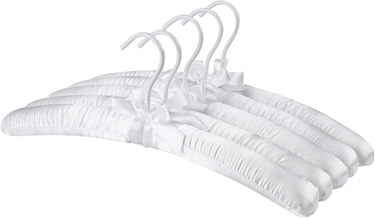 Pure White Satin Padded Sweater Hangers 5 Pack, Blouse Hanger with Thick & Soft Foam for Bridal Wedding Dress Lingerie, Smooth Silk Covered Shirt Hanger Without Shoulder Bump