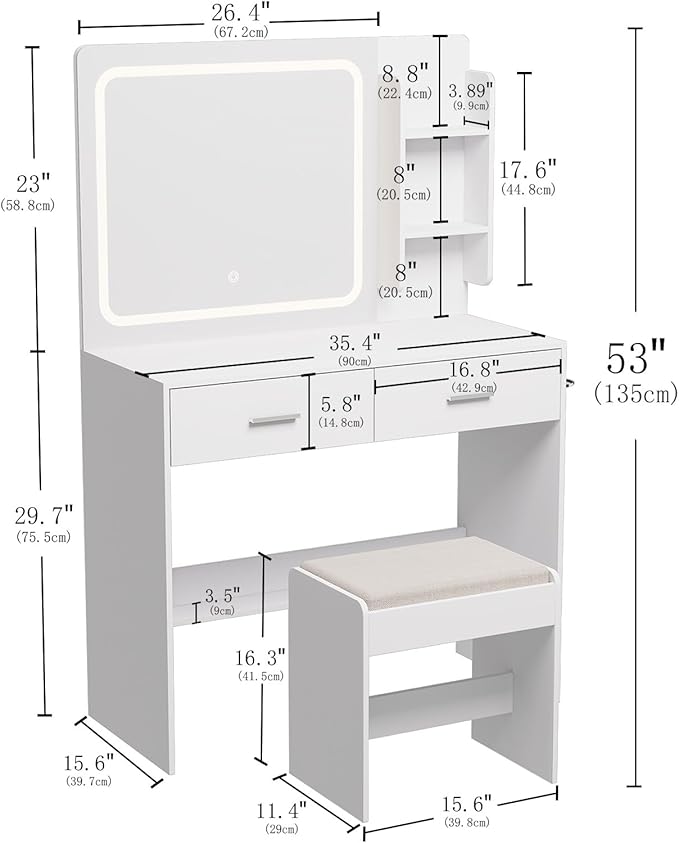 Makeup Vanity with Lighted Mirror & Electrical Outlet - 2 Shelves, 2 Drawers, Bottom Storage - Comes with Upholstered Stool （White）