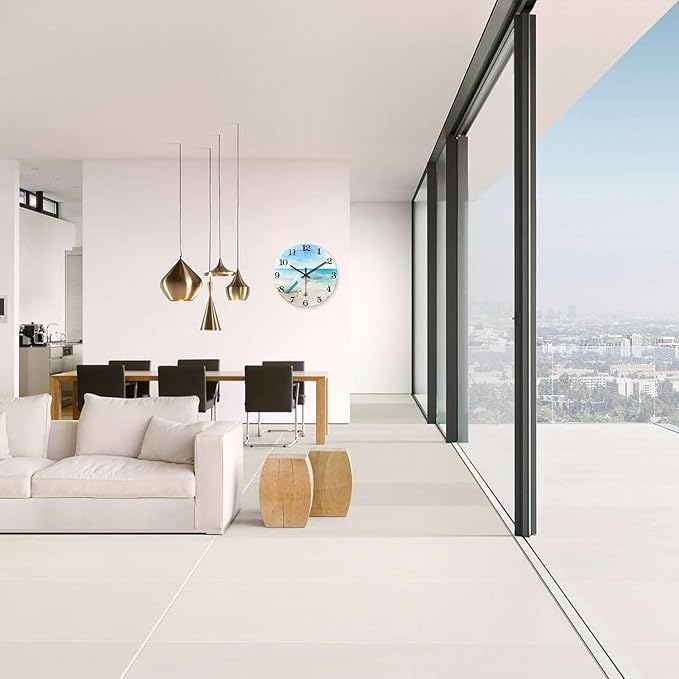 XNM Glass Large Wall Clocks for Living Room Decor 20 Inch Blue Beach Clock Non Ticking Battery Wall Clock Modern