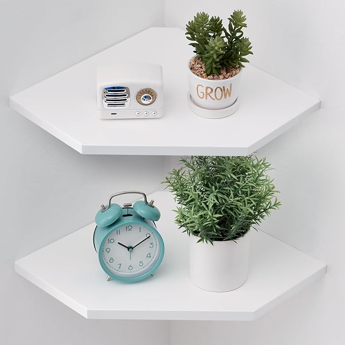 Corner Wall Shelves, Corner Floating Shelves Set of 2 Solid Oak Wood Display Shelf with Wire Hole Small Plant for Kitchen Living Room White,Oak 13.2inch