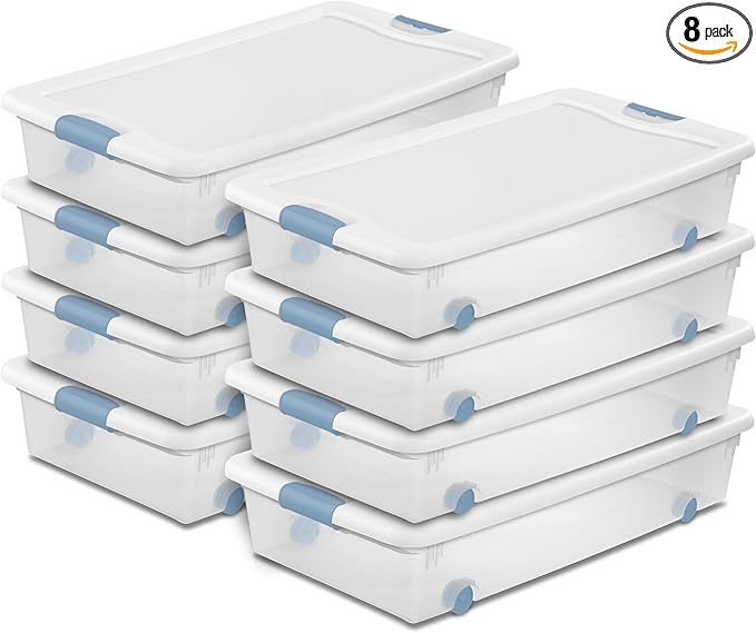 Sterilite 8-Pack Latching Box, Under Bed Storage Bins with Lids, Clear Plastic, 56 Quart - Heavy-Duty Organizing Containers for Closet, Bathroom, and Office