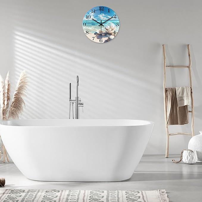 XNM Coastal Small Clock Battery Operated 12 Inch Analog Blue Wall Clock for Bedroom Glass Silent Wall Clock Decorative