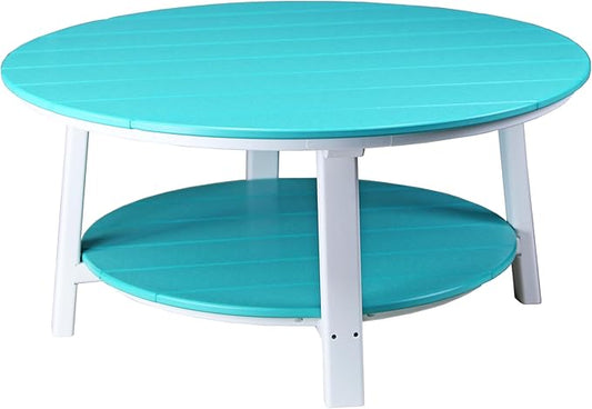 LuxCraft Deluxe Poly Round Outdoor Coffee Table, Two Tier Coffee Table, Round Conversation Tables for Outside Patio with Lower Shelf - Amish Made in USA (Aruba Blue & White)